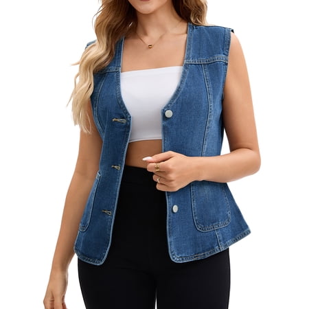 DARING DIVA Women's V Neck Patch Pockets Button Down Sleeveless Jacket M Dark Blue