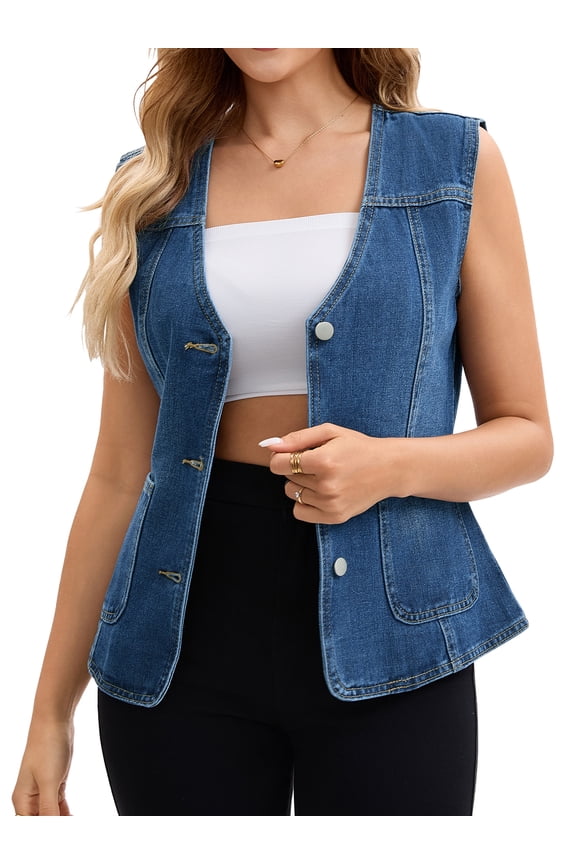 Women's V Neck Patch Pockets Button Down Sleeveless Jacket M Dark Blue