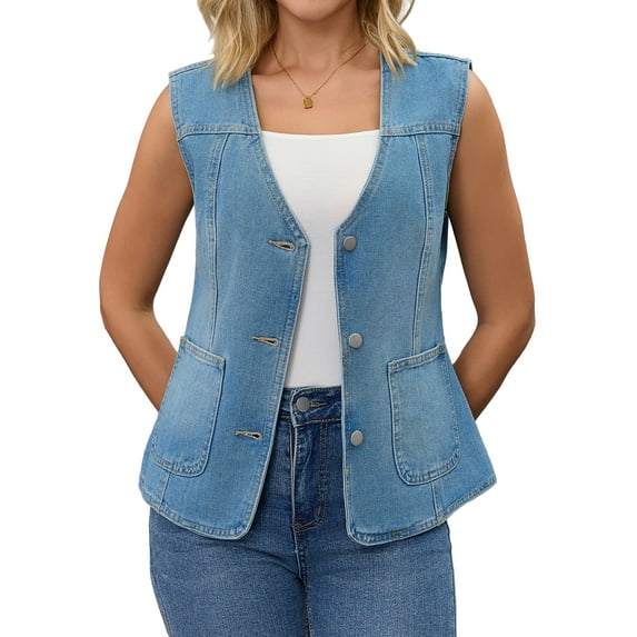 DARING DIVA Women's V Neck Button Down Sleeveless Casual Denim Vest S Blue