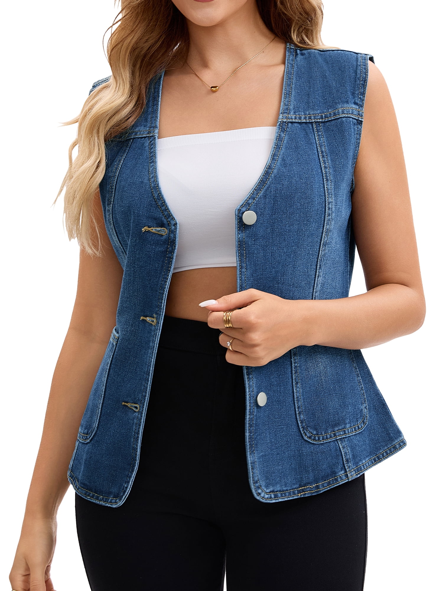 DARING DIVA Women's V Neck Patch Pockets Button Down Sleeveless Jacket S Dark Blue