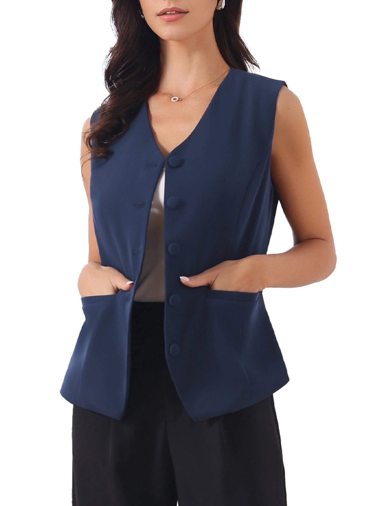 DARING DIVA Women's V Neck Button Down Waistcoat with Pockets L Dark Blue