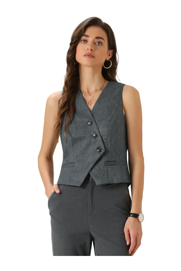 Women's V-Neck Button-Down Work Blazer Vest Waistcoat M Gray