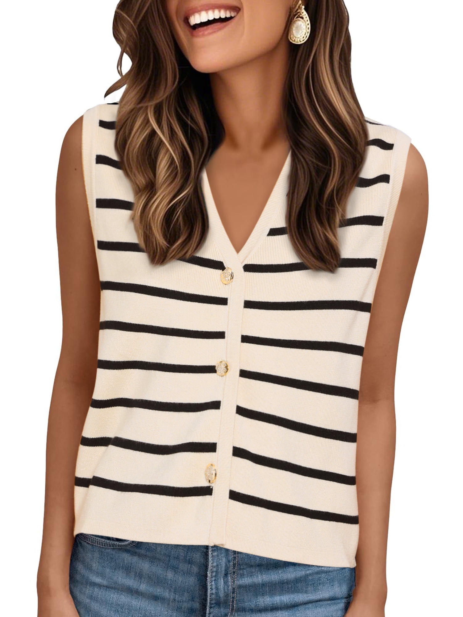 DARING DIVA Women's V Neck Button Front Cropped Knitted Striped Sweater Vests XL Beige