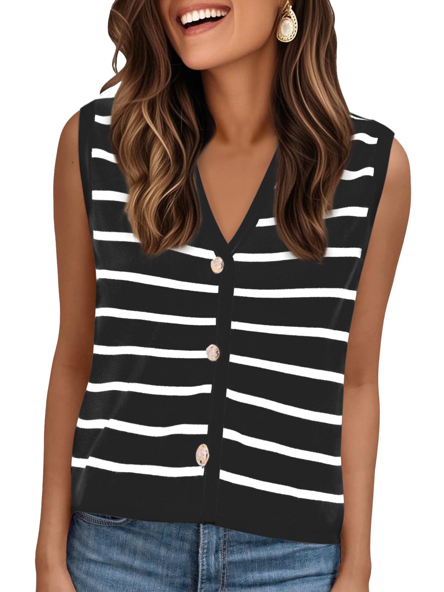 DARING DIVA Women's V Neck Button Front Cropped Knitted Striped Sweater Vests XL Black