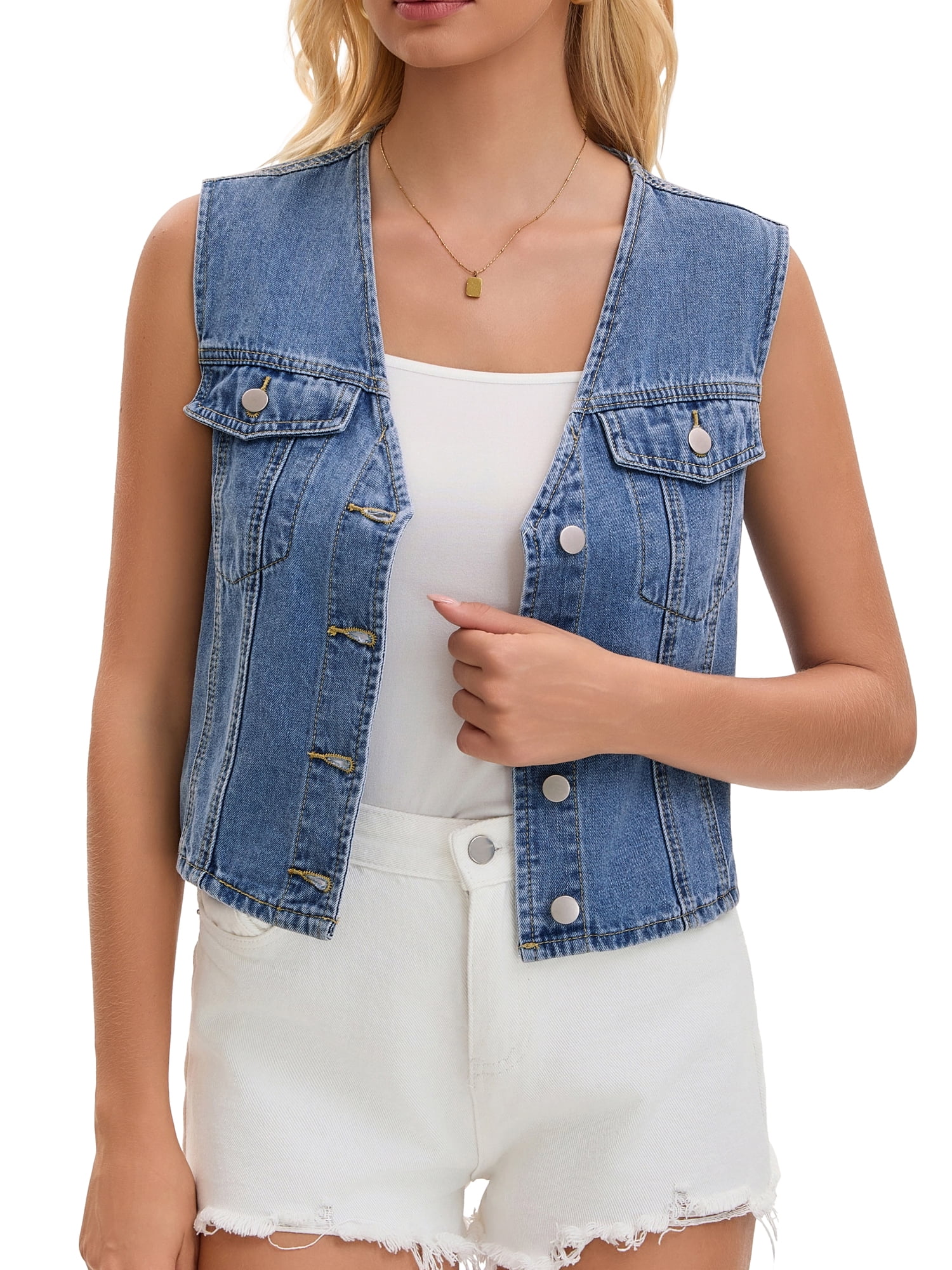 DARING DIVA Women's V Neck Button Up Sleeveless Cropped Denim Vest 2XL Light Blue
