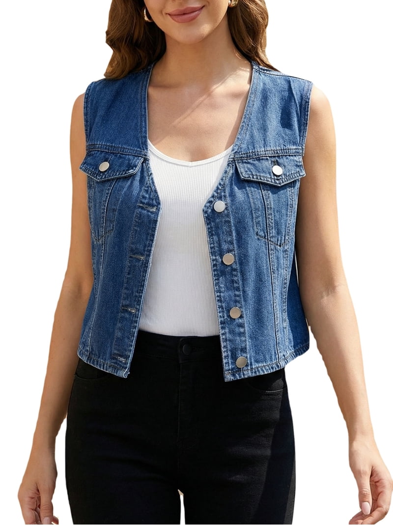 DARING DIVA Women's V Neck Button Up Sleeveless Cropped Denim Vest