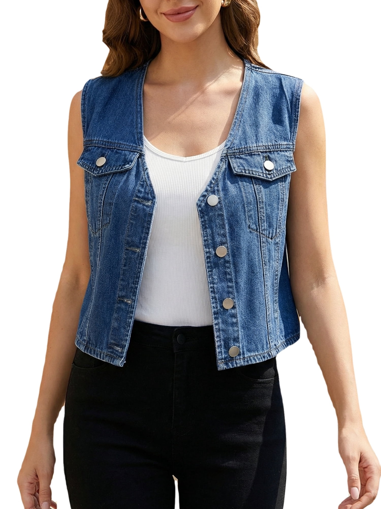 DARING DIVA Women's V Neck Button Up Sleeveless Cropped Denim Vest M Dark Blue