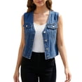 thumbnail image 1 of DARING DIVA Women's V Neck Button Up Sleeveless Cropped Denim Vest M Dark Blue, 1 of 7