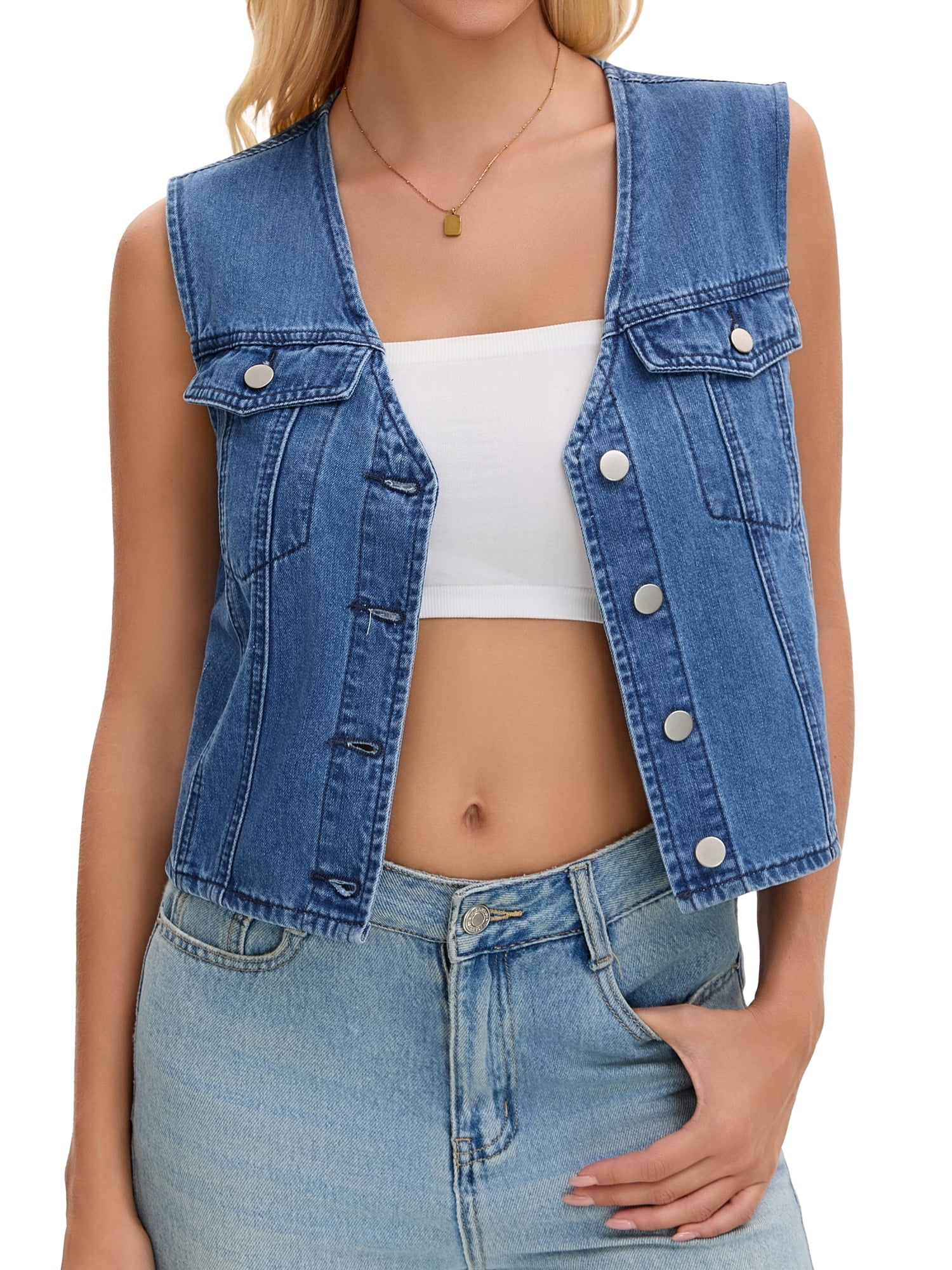 DARING DIVA Women's V Neck Button Up Sleeveless Cropped Denim Vest XL Blue