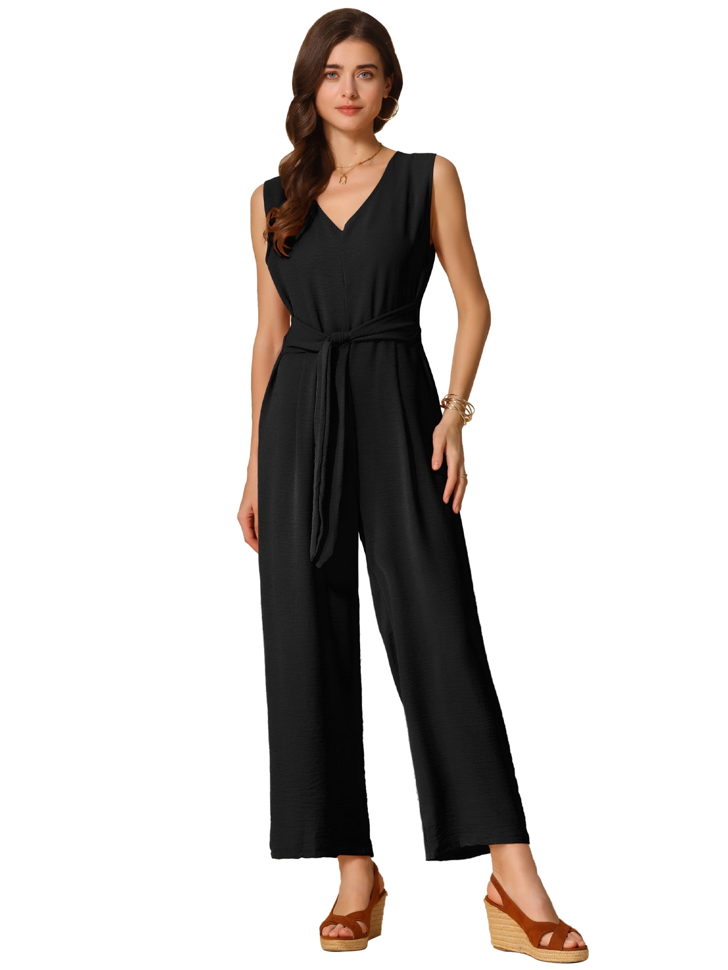 DARING DIVA Women's V Neck Casual Sleeveless Wide Leg Jumpsuit L Black