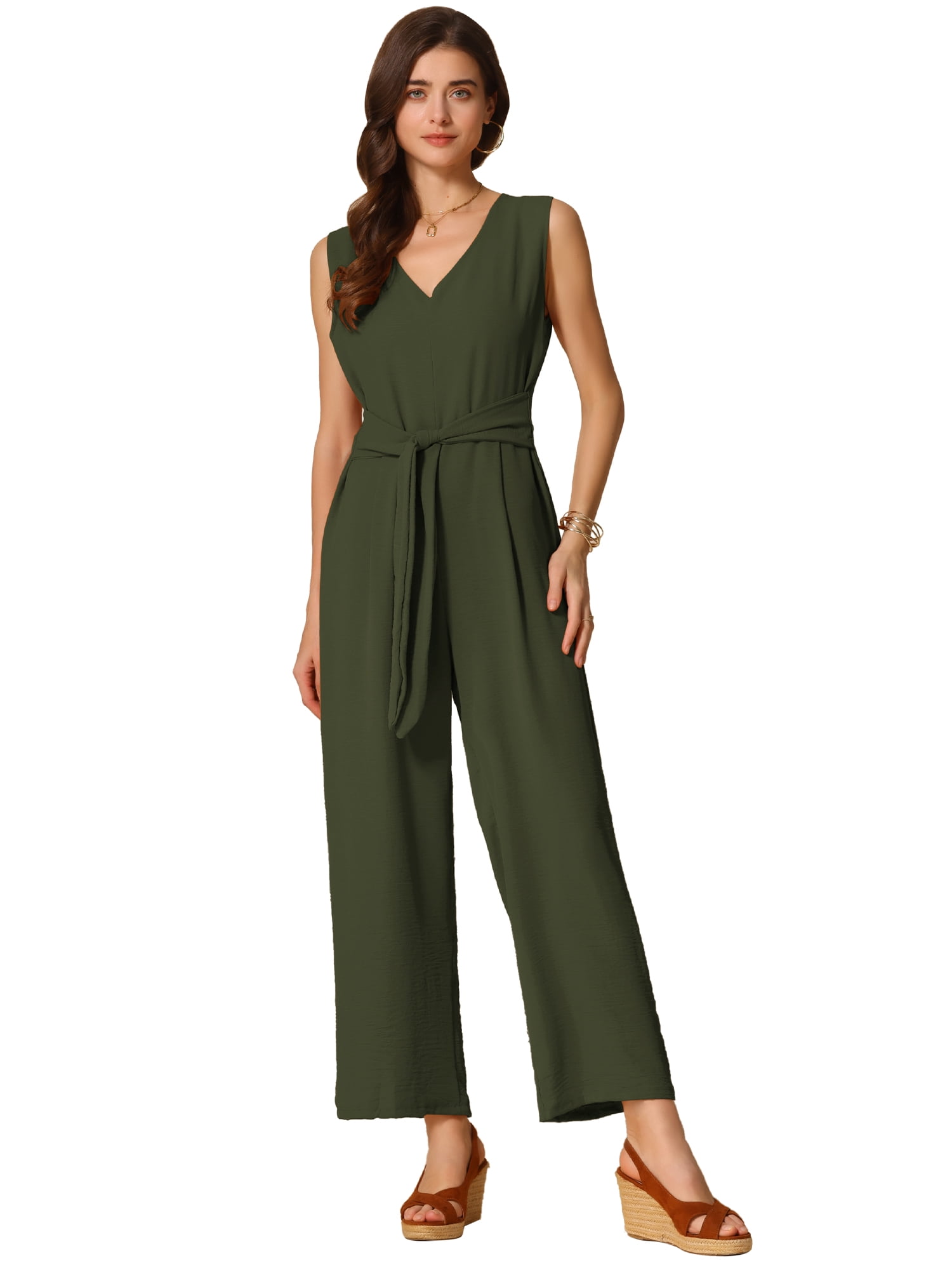 DARING DIVA Women's V Neck Casual Sleeveless Wide Leg Jumpsuit S Army Green