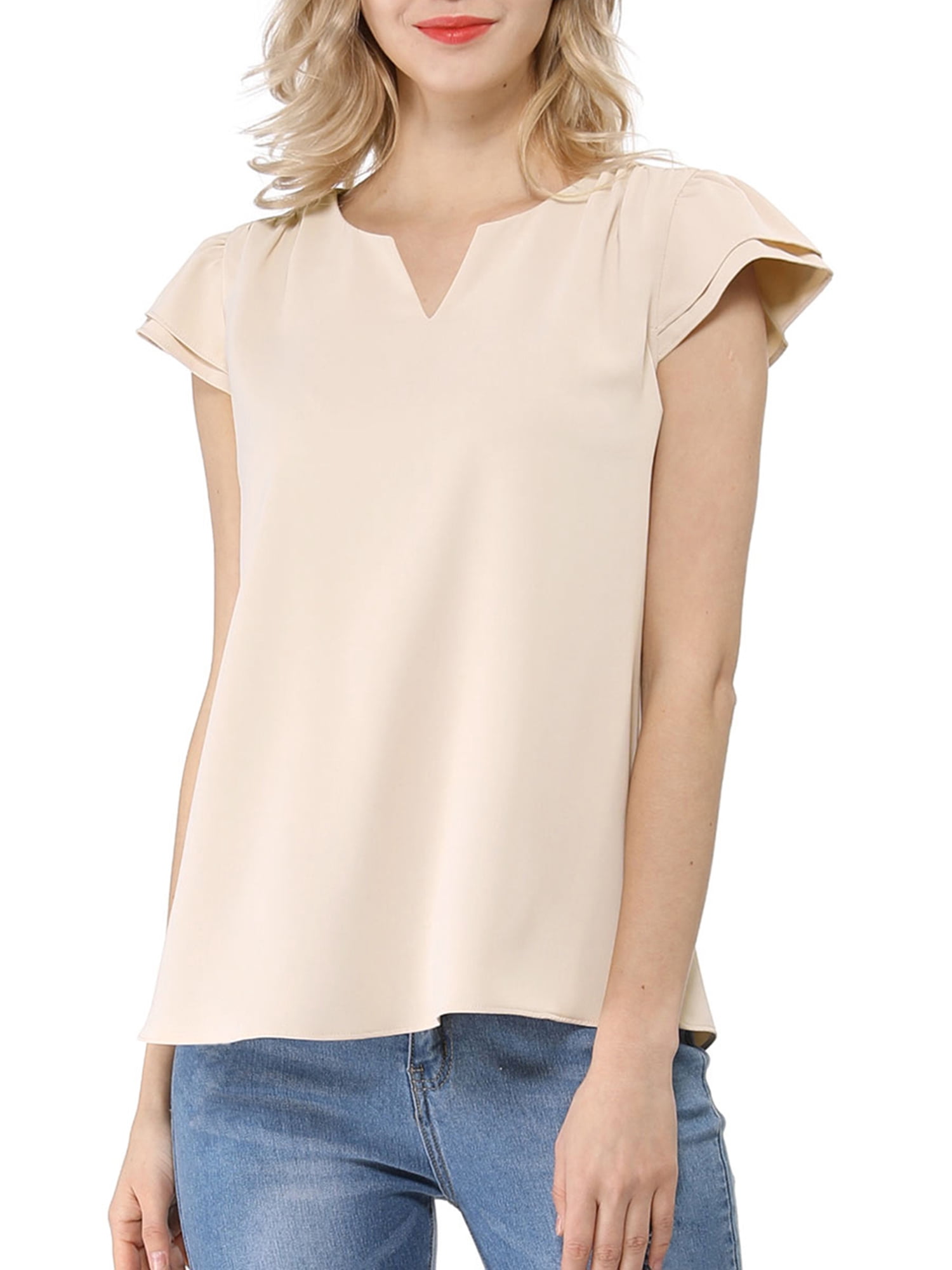 DARING DIVA Women's V Neck Casual Solid Cap Blouse Top L Beige