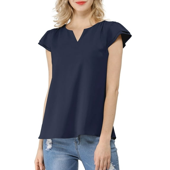 DARING DIVA Women's V Neck Casual Solid Cap Blouse Top L Dark Blue