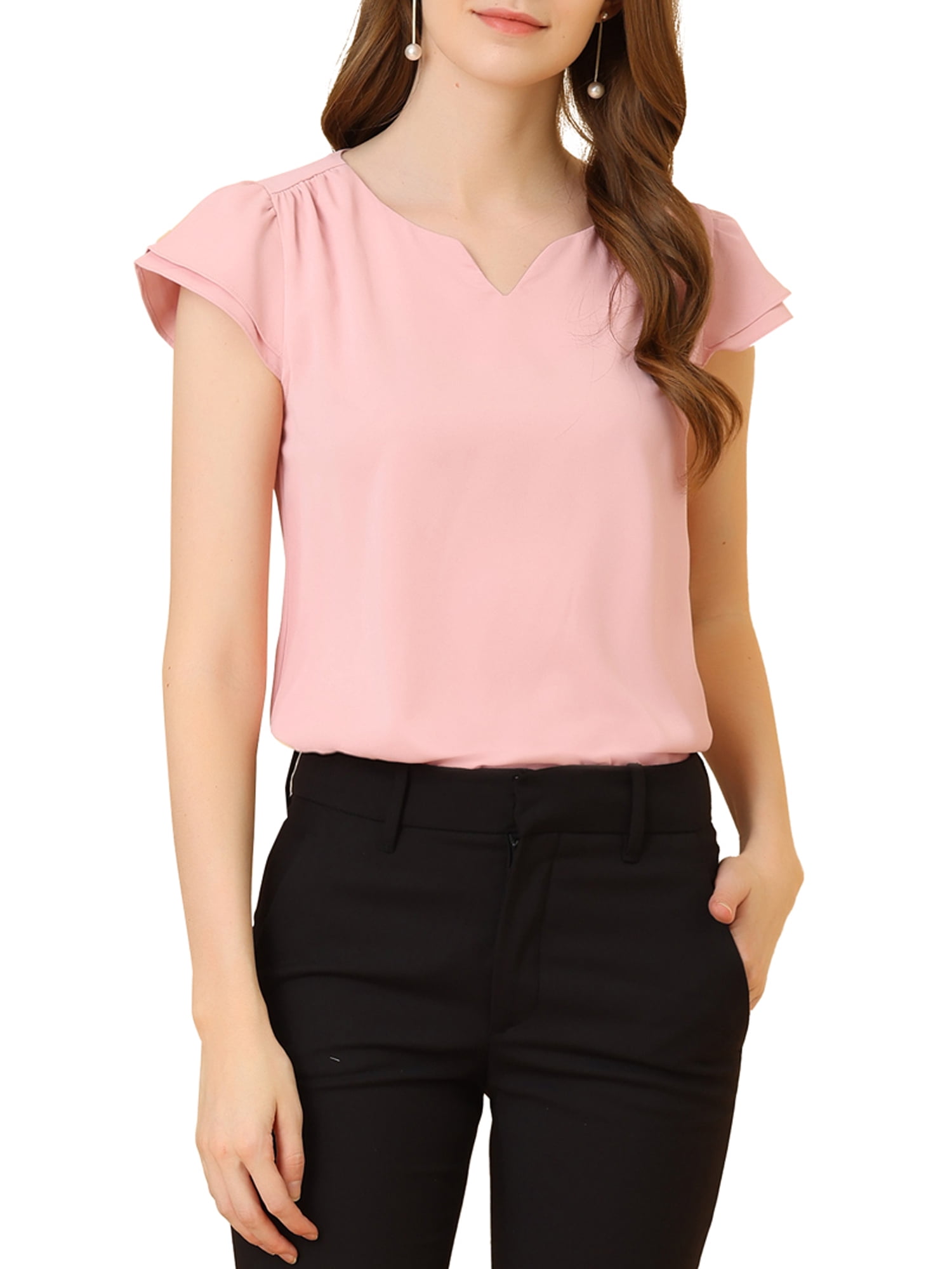 DARING DIVA Women's V Neck Casual Solid Cap Blouse Top L Light Pink