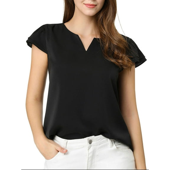 DARING DIVA Women's V Neck Casual Solid Cap Blouse Top M Black