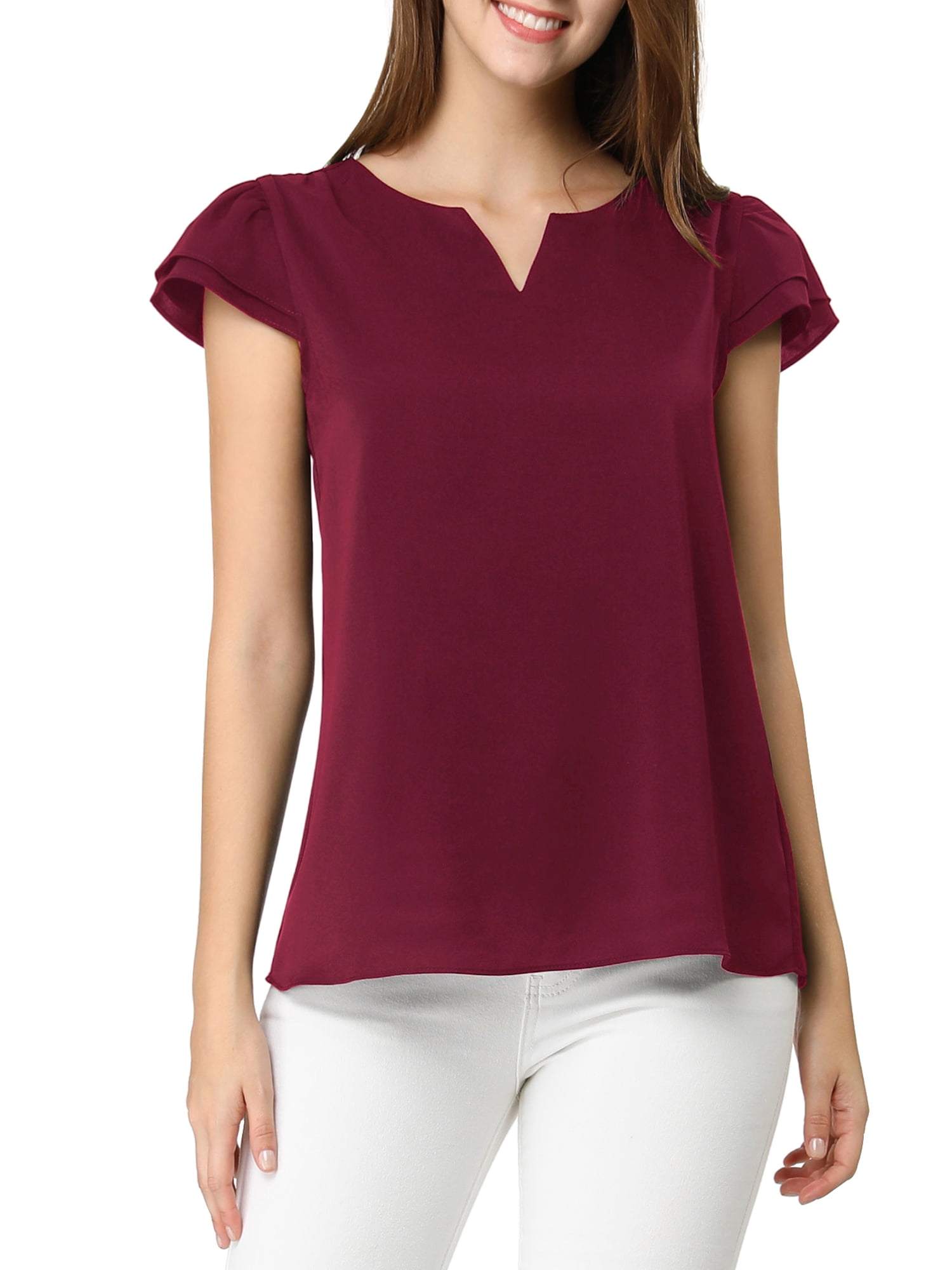 DARING DIVA Women's V Neck Casual Solid Cap Blouse Top S Burgundy
