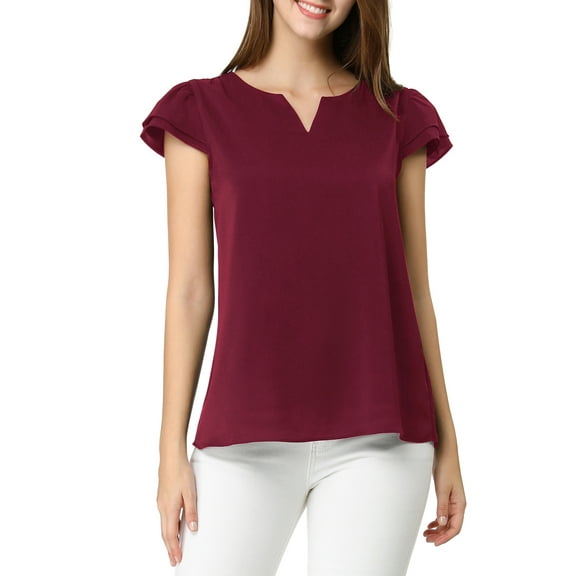 DARING DIVA Women's V Neck Casual Solid Cap Blouse Top S Burgundy