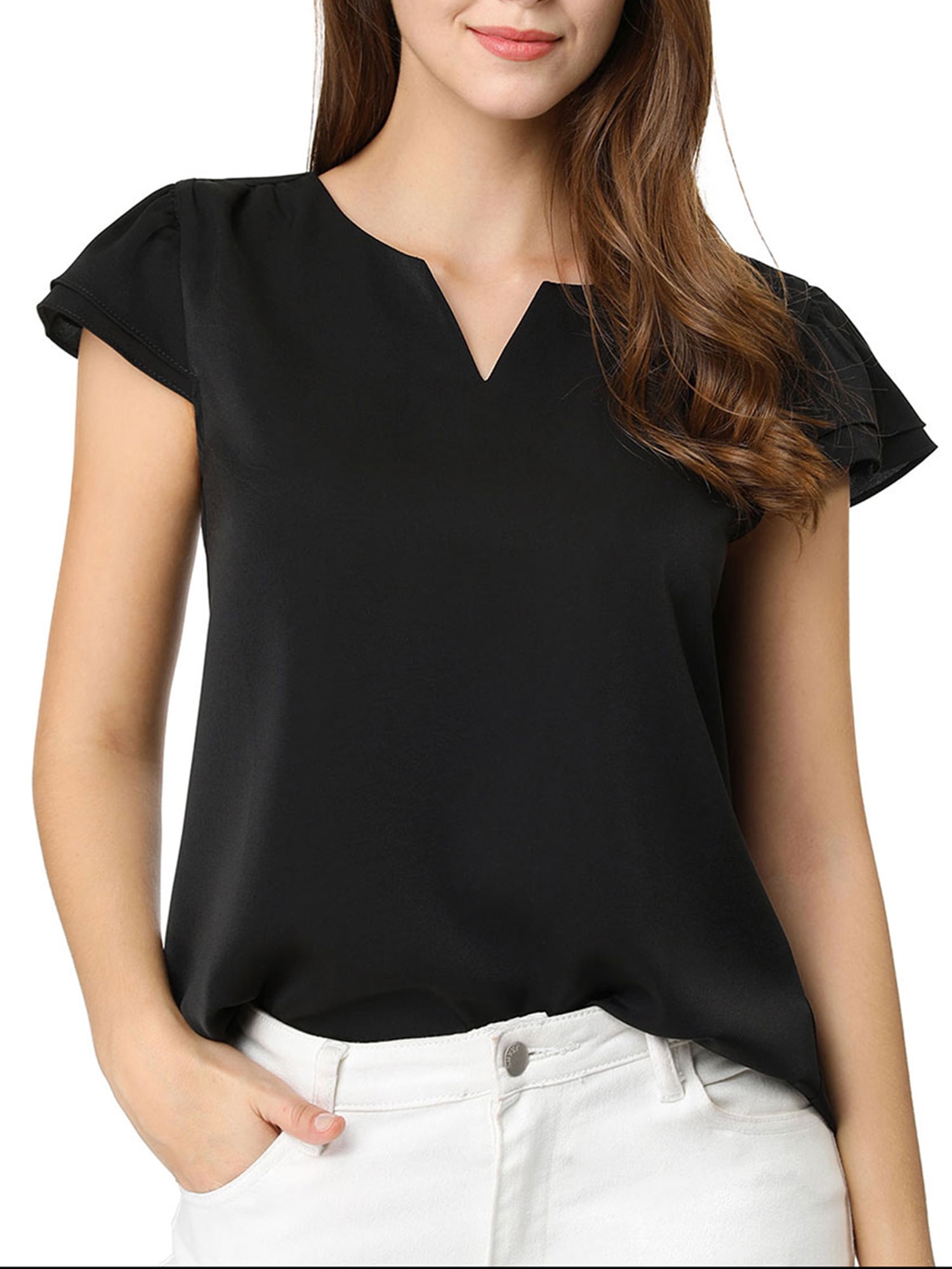 DARING DIVA Women's V Neck Casual Solid Cap Blouse Top XL Black