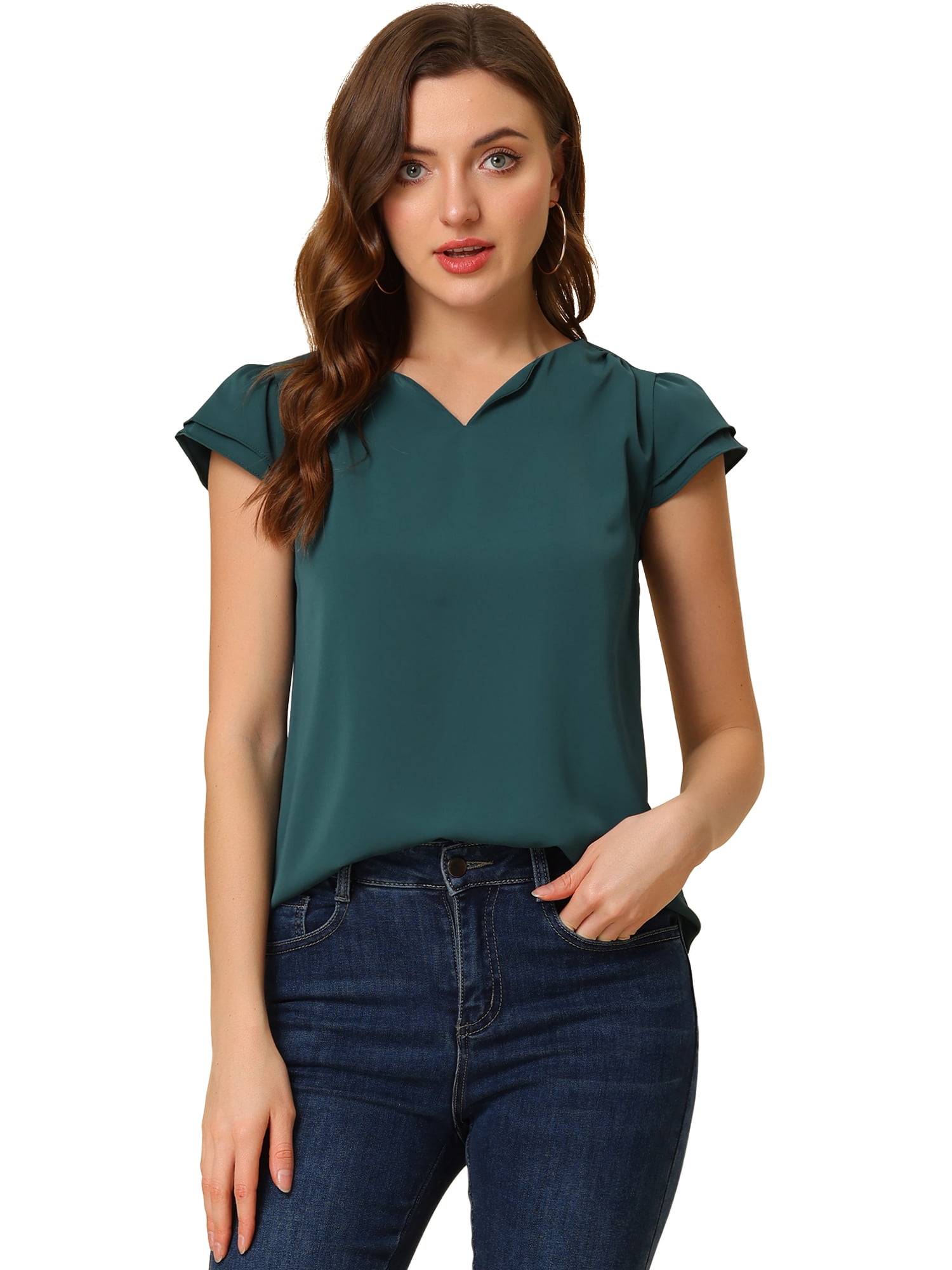 DARING DIVA Women's V Neck Casual Solid Cap Blouse Top XS Deep Green
