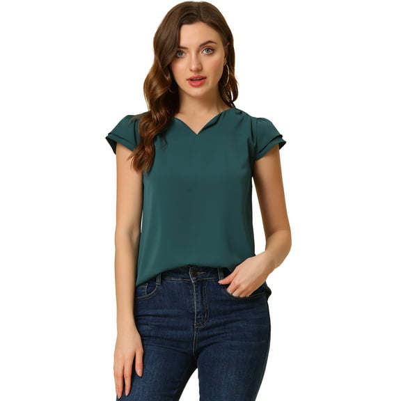 DARING DIVA Women's V Neck Casual Solid Cap Blouse Top XS Deep Green