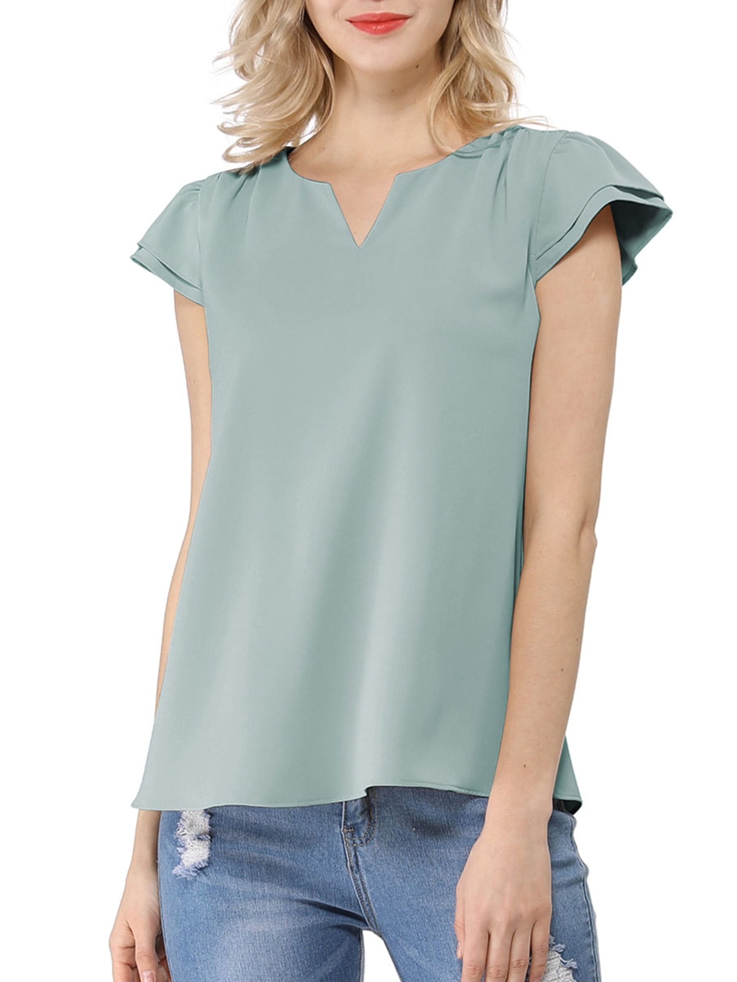 DARING DIVA Women's V Neck Casual Solid Cap Blouse Top XS Pale Blue