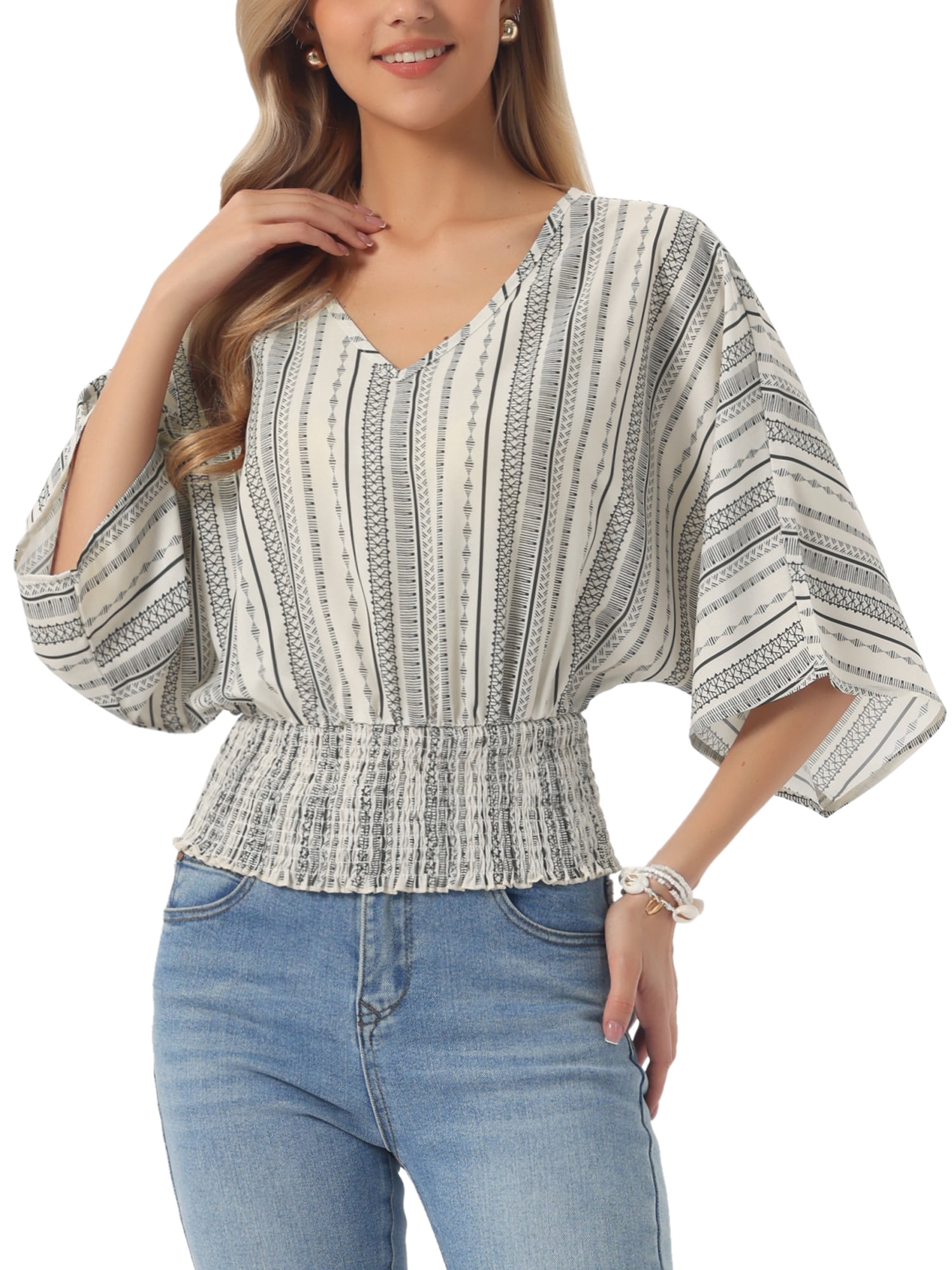 DARING DIVA Women's V Neck Chiffon Smocked Batwing Blouses L Apricot