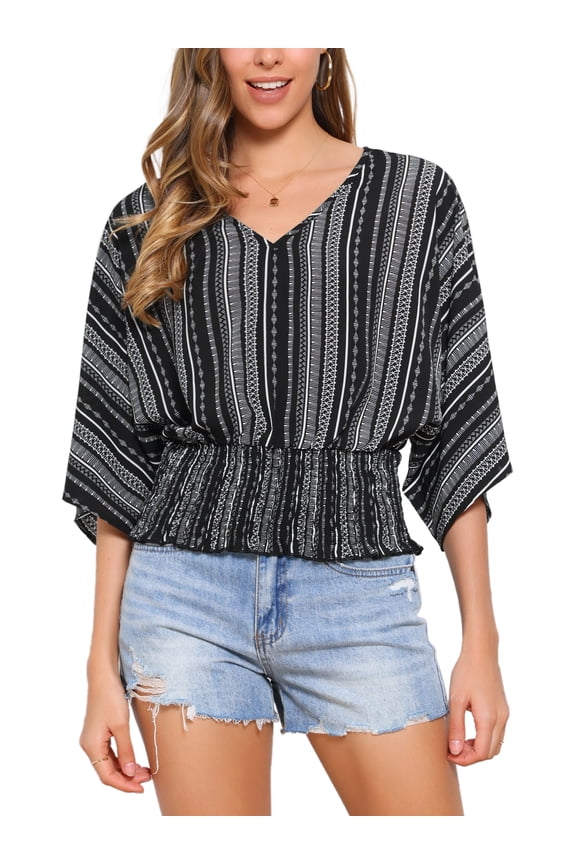Women's V Neck Chiffon Smocked Batwing Blouses M Black