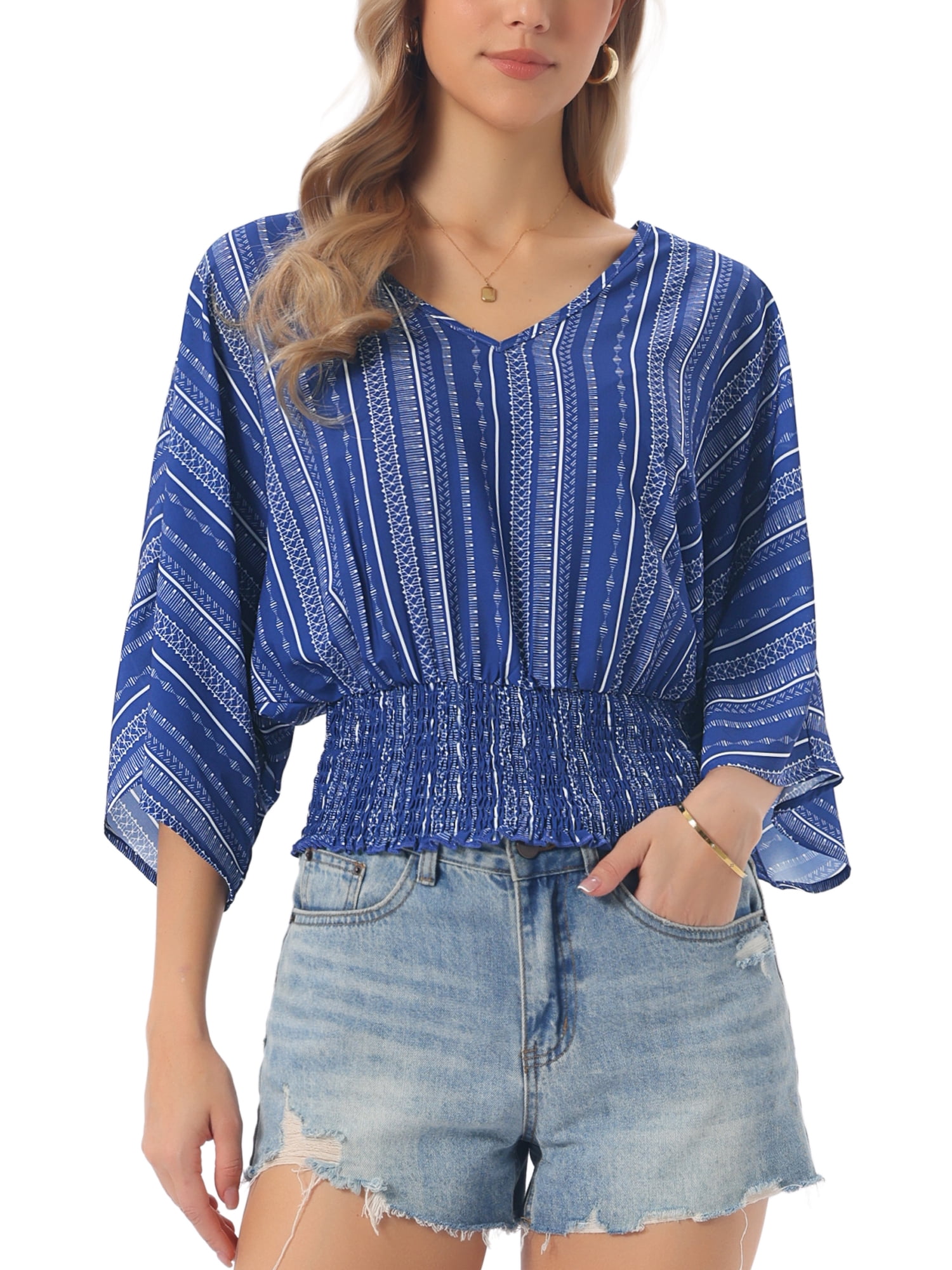 DARING DIVA Women's V Neck Chiffon Smocked Batwing Blouses M Royal Blue