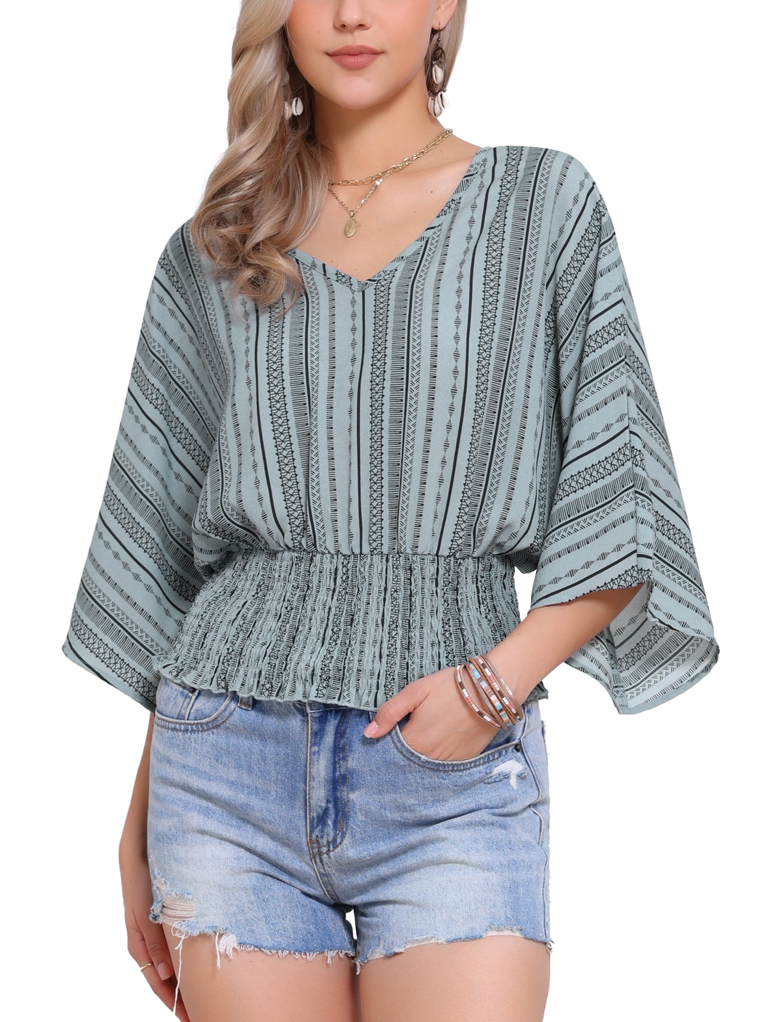 DARING DIVA Women's V Neck Chiffon Smocked Batwing Blouses XL Light Gray Green