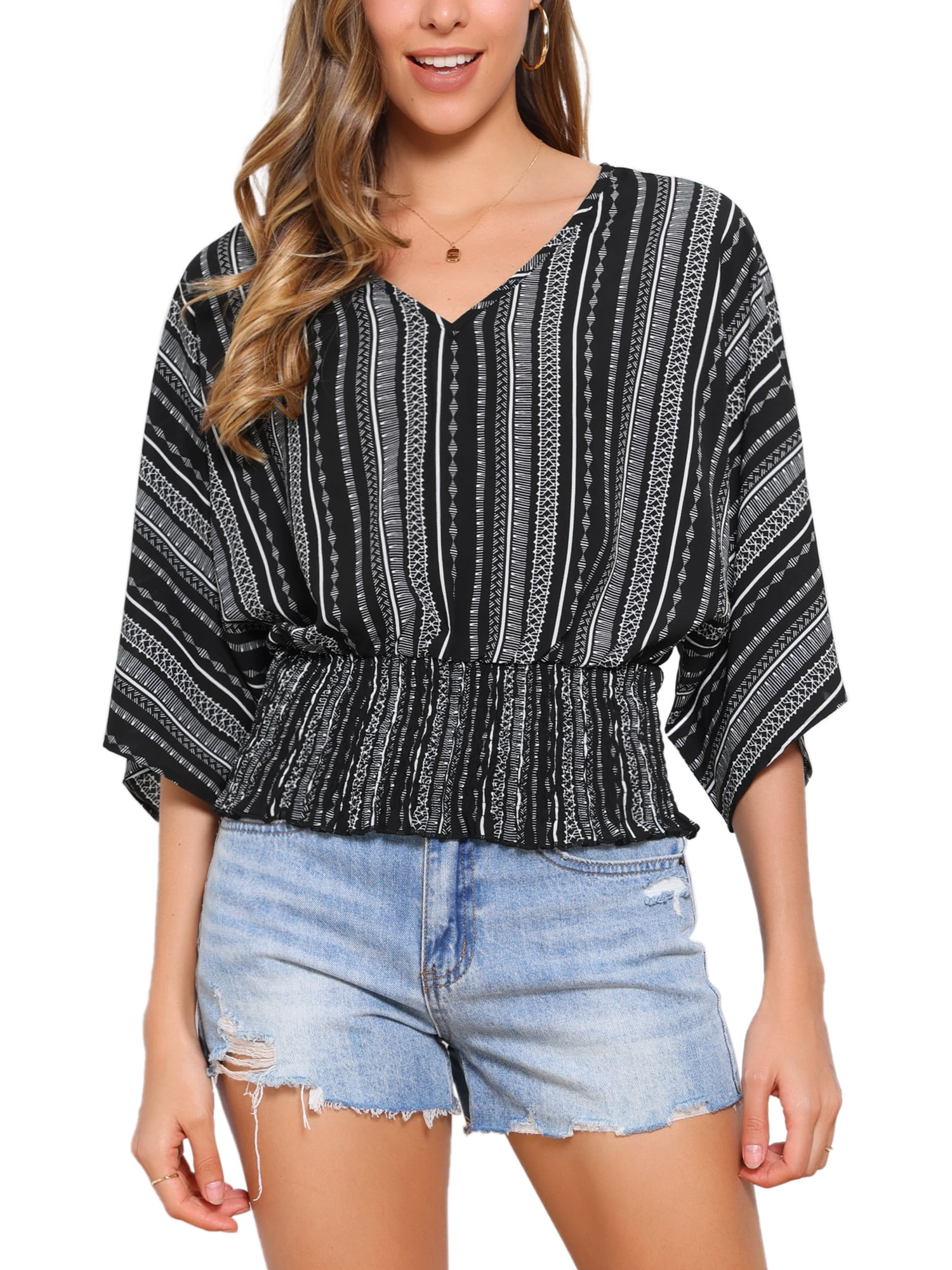 DARING DIVA Women's V Neck Chiffon Smocked Batwing Blouses XS Black