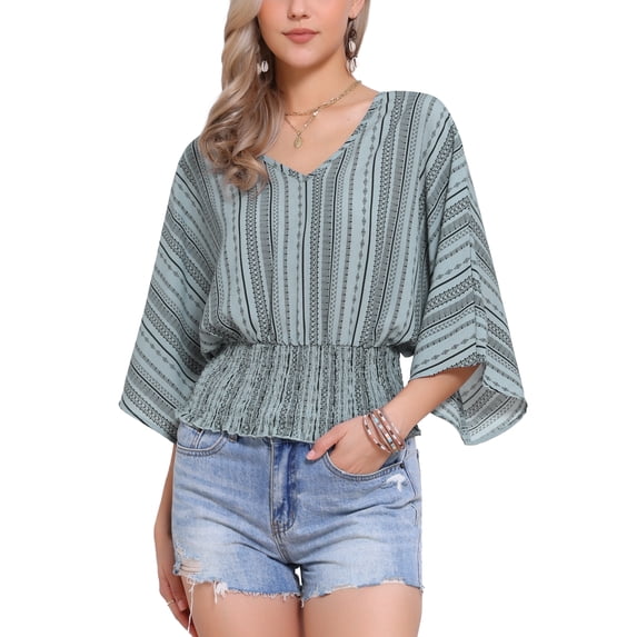 DARING DIVA Women's V Neck Chiffon Smocked Batwing Blouses XS Light Gray Green