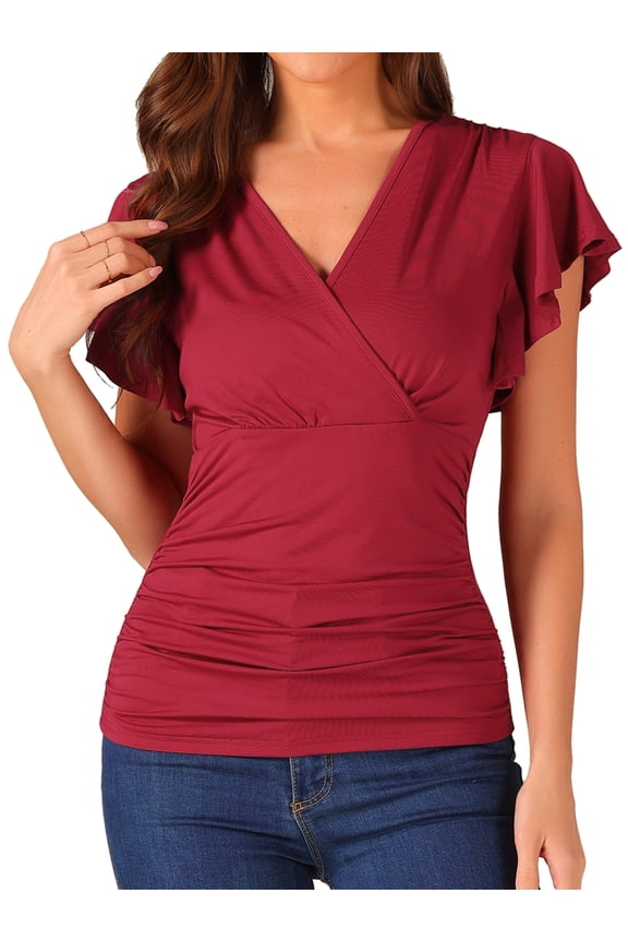 Women's V Neck Cinched Waist Ruffle Sleeve Ruched Top M Dark Red