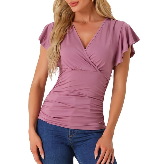 DARING DIVA Women's V Neck Cinched Waist Ruffle Sleeve Ruched Top M Gray Purple