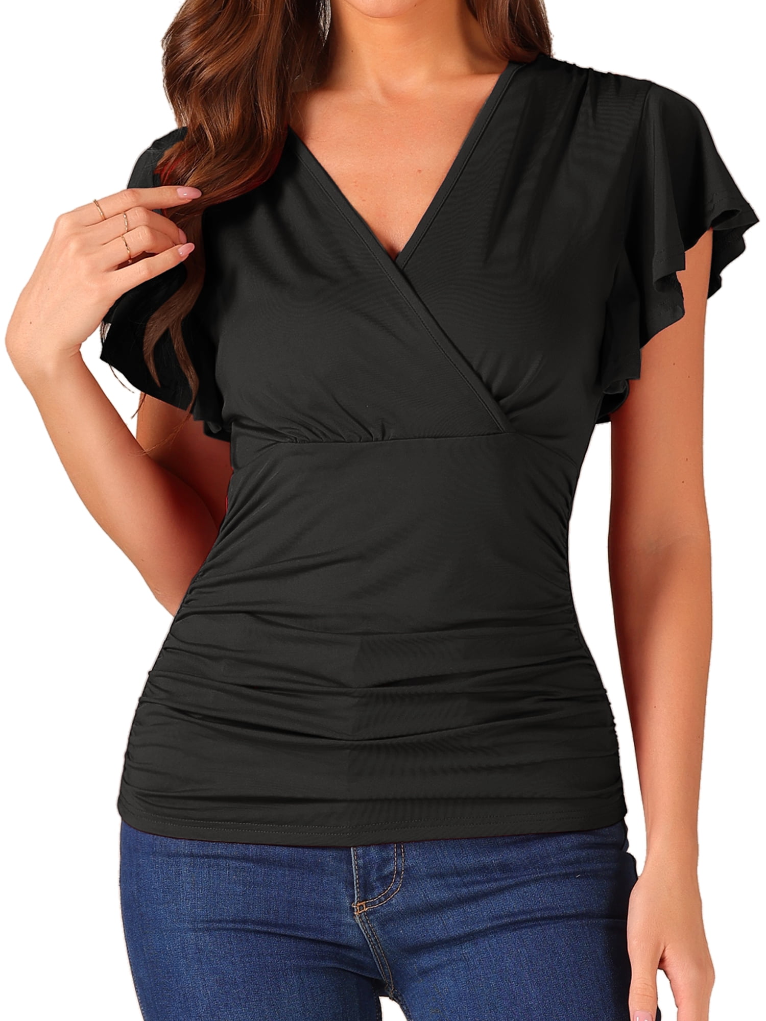 DARING DIVA Women's Stylish V Neck Cinched Waist Ruffle Sleeve Blouse S Black