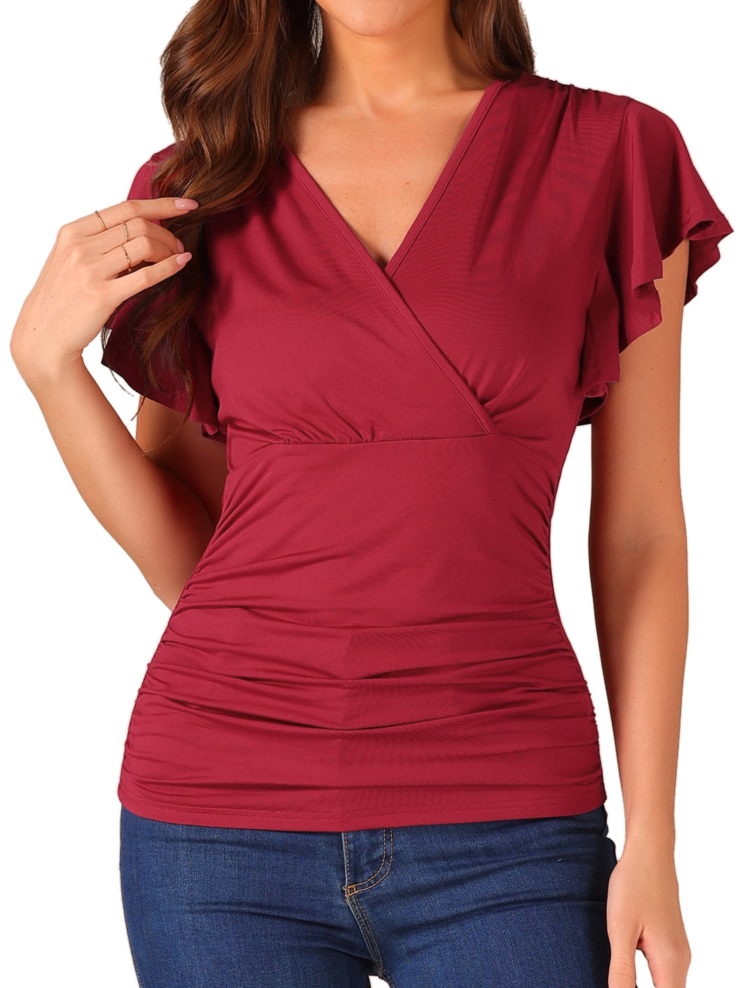 DARING DIVA Women's Stylish V Neck Cinched Waist Ruffle Sleeve Blouse S Dark Red