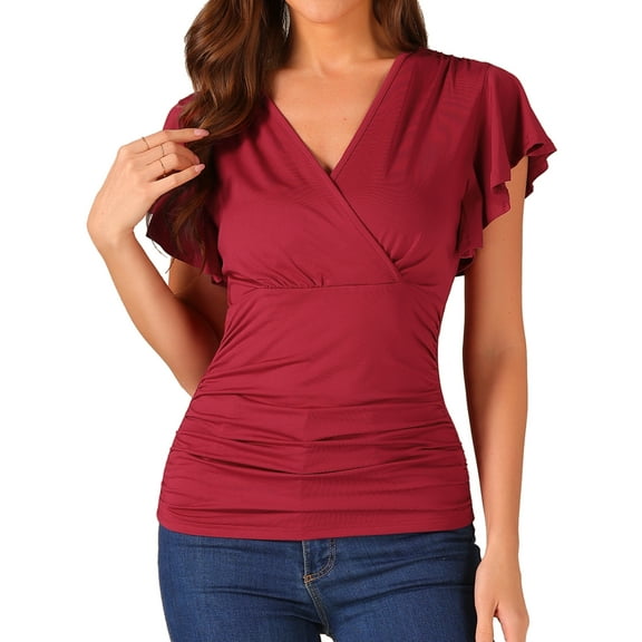 DARING DIVA Women's V Neck Cinched Waist Ruffle Sleeve Ruched Top XL Dark Red
