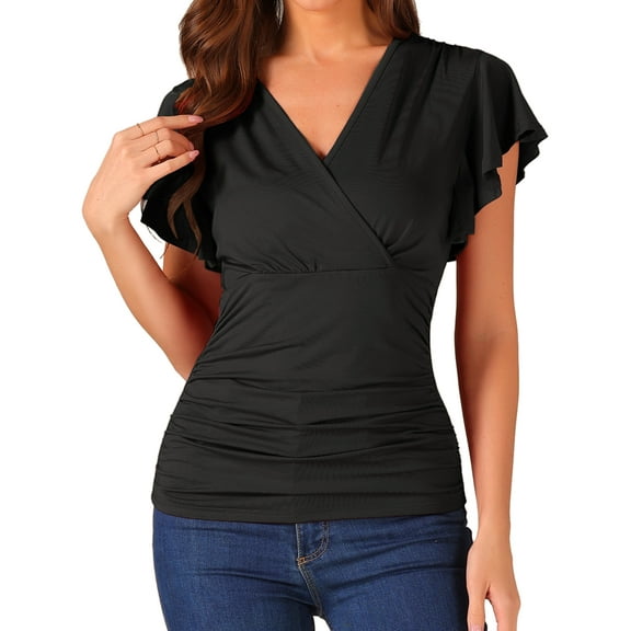 DARING DIVA Women's V Neck Cinched Waist Ruffle Sleeve Ruched Top XS Black