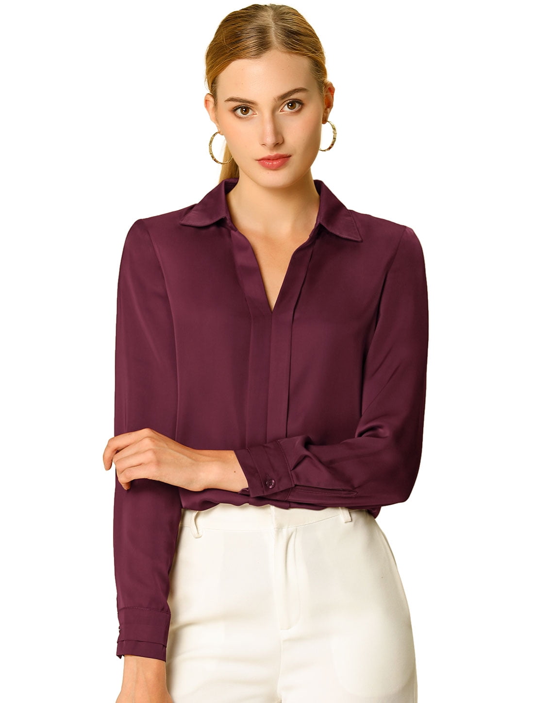 DARING DIVA Women's V Neck Classic Work Office Long Sleeve Shirt 3XL Wine Red