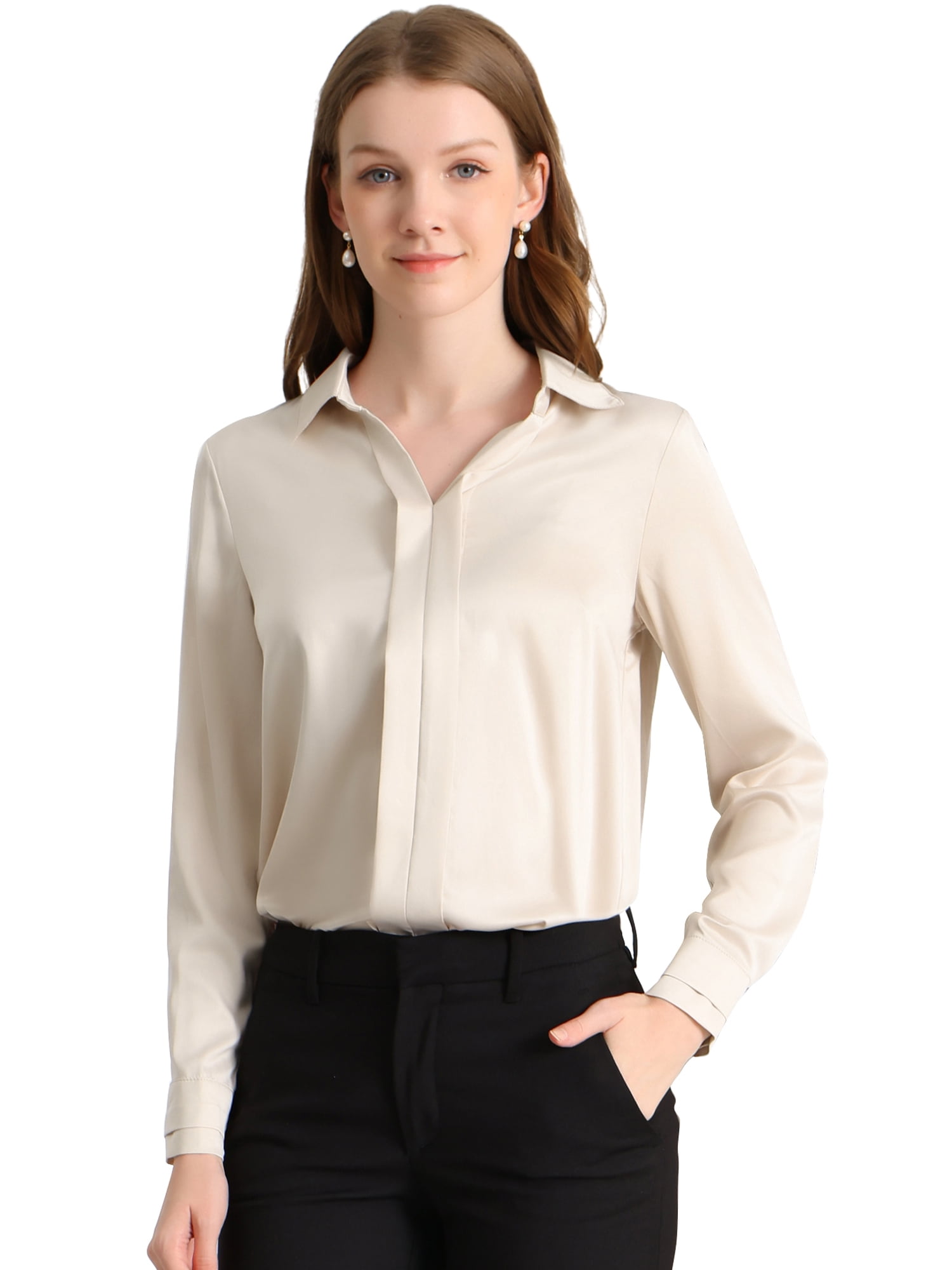 DARING DIVA Women's V Neck Classic Work Office Long Sleeve Shirt L Apricot