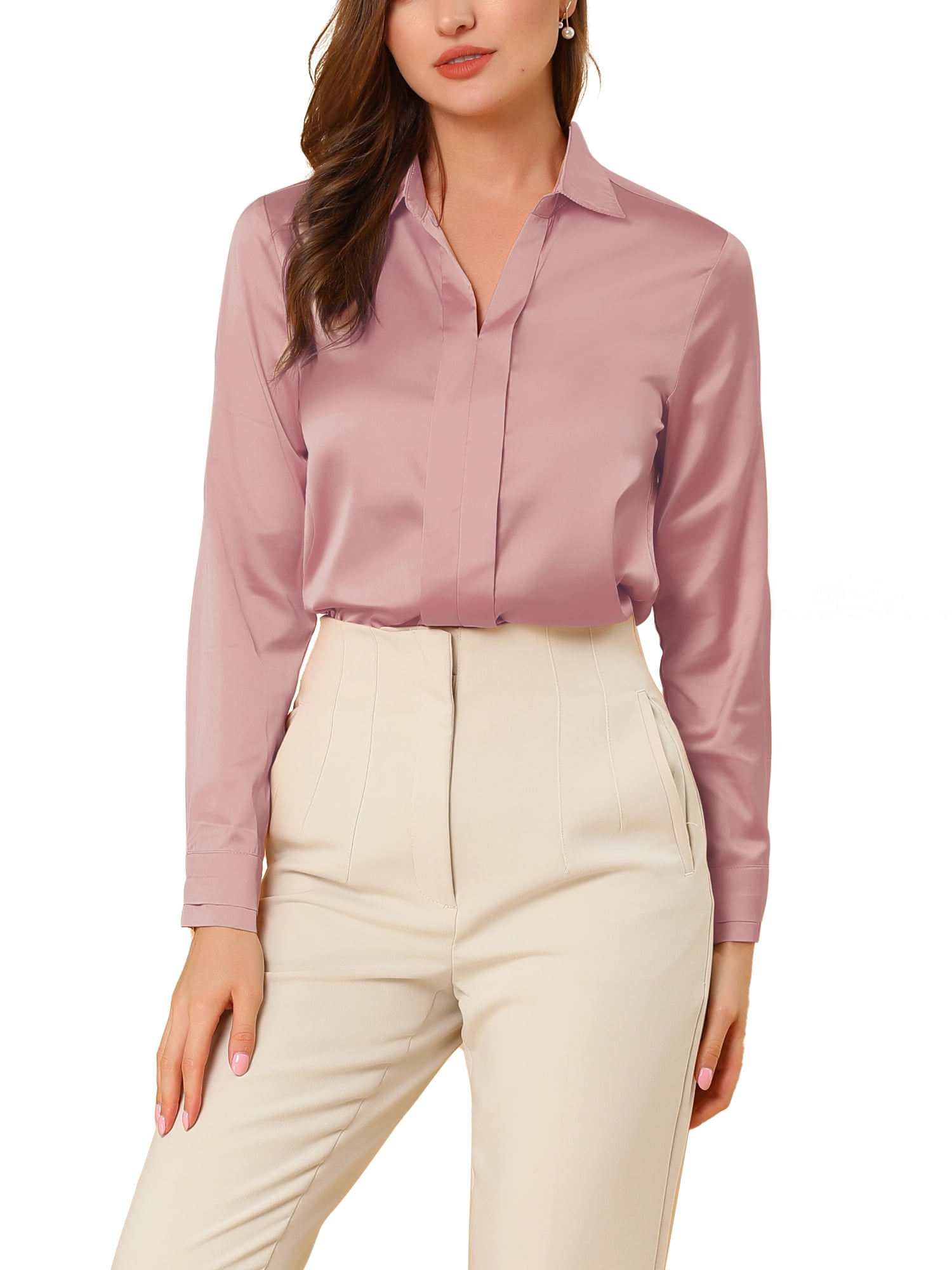 DARING DIVA Women's V Neck Classic Work Office Long Sleeve Shirt L Dusty Pink