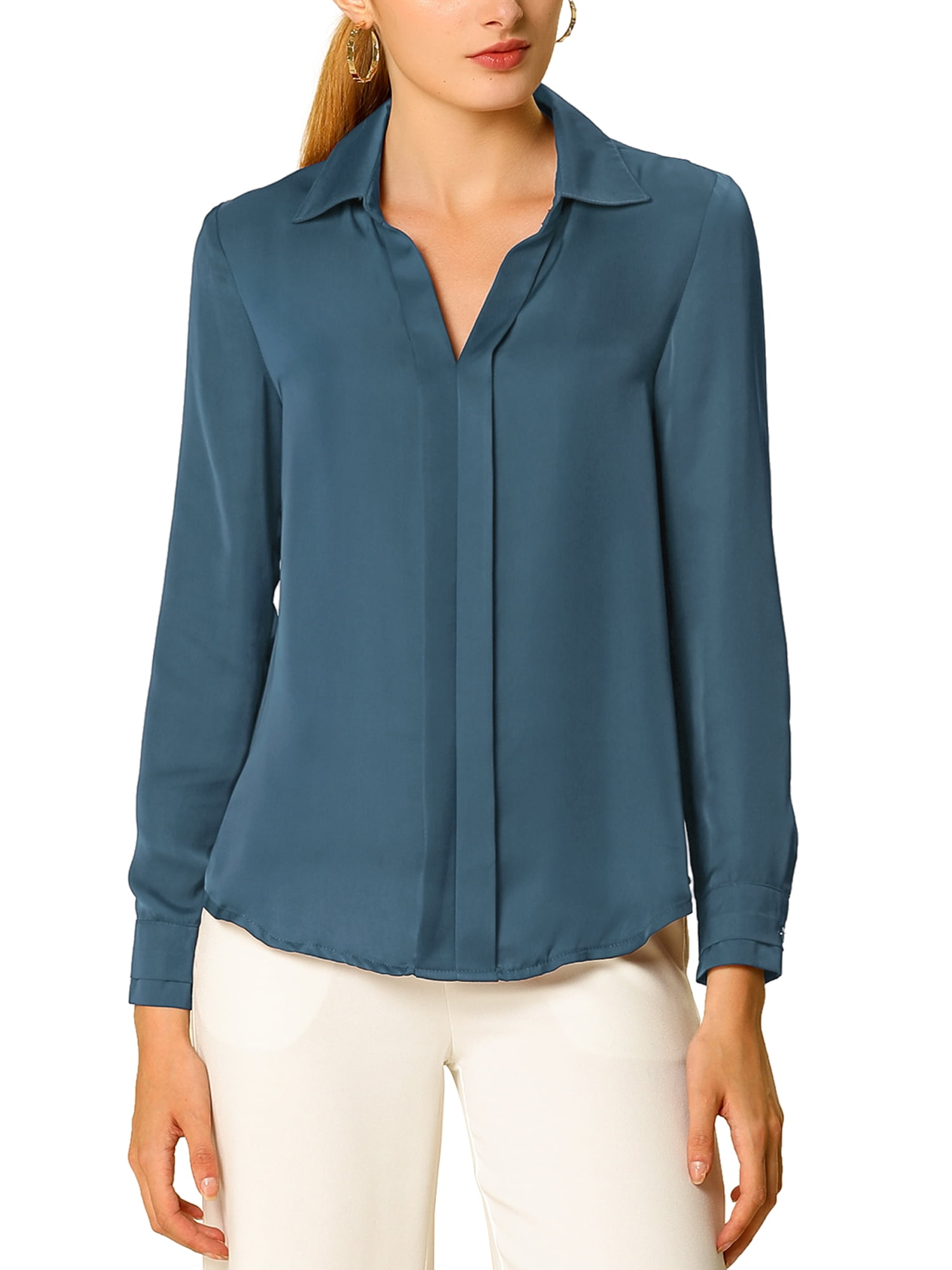 DARING DIVA Women's V Neck Classic Work Office Long Sleeve Shirt L Gray Blue