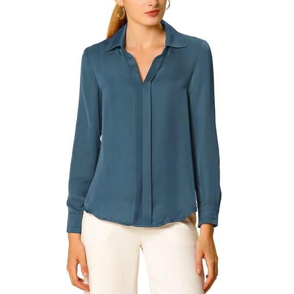 DARING DIVA Women's V Neck Classic Work Office Long Sleeve Shirt L Gray Blue