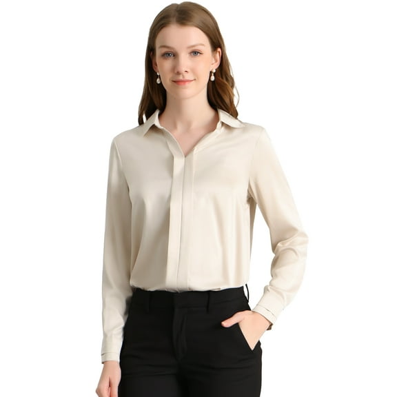 DARING DIVA Women's V Neck Classic Work Office Long Sleeve Shirt M Apricot