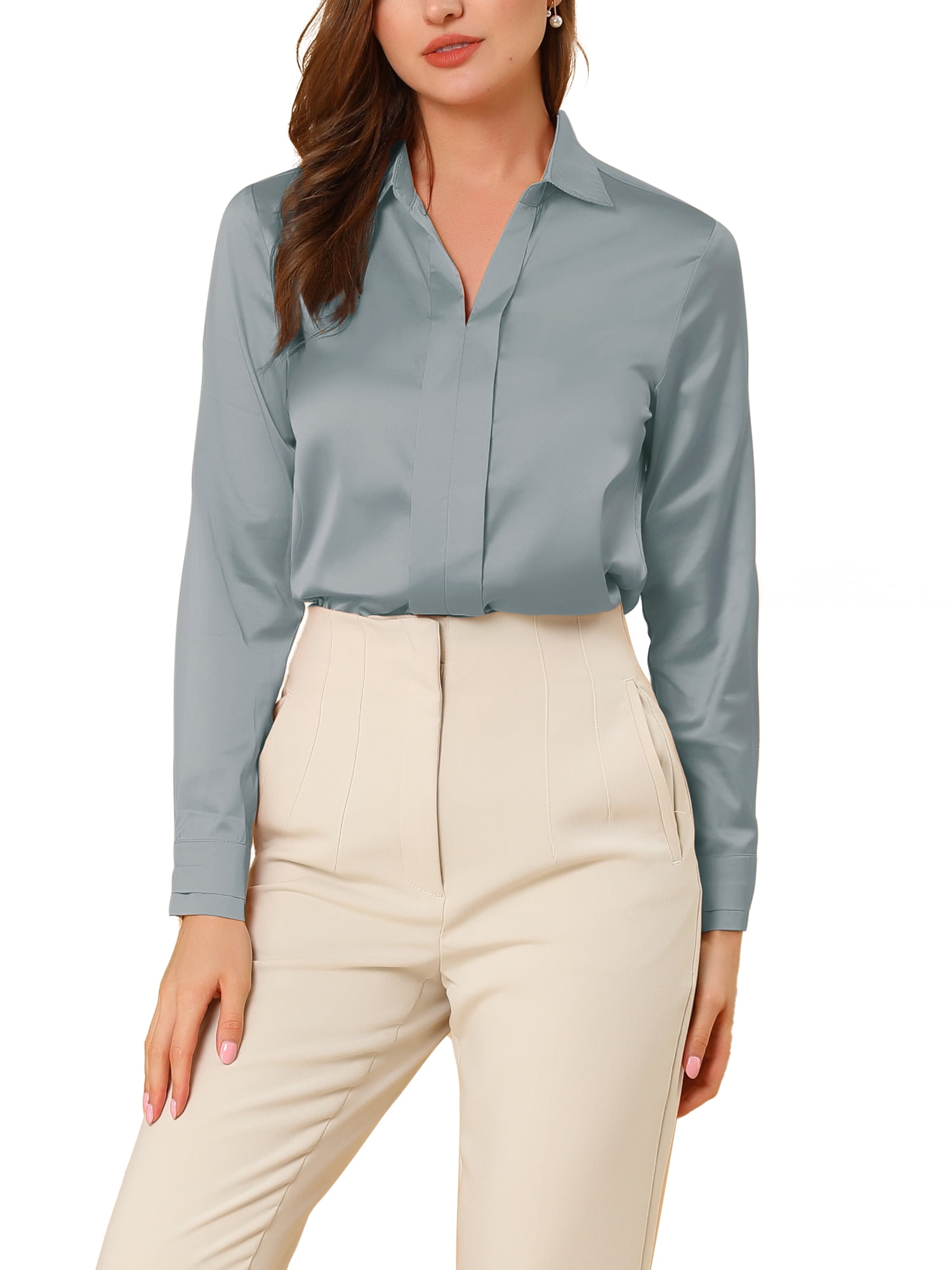 DARING DIVA Women's V Neck Classic Work Office Long Sleeve Shirt M Dusty Blue