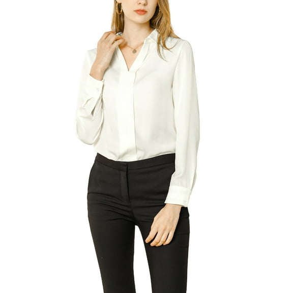 DARING DIVA Women's V Neck Classic Work Office Long Sleeve Shirt M White