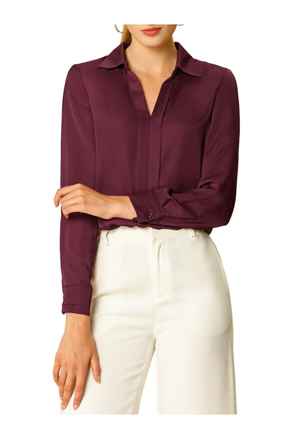 Women's V Neck Classic Work Office Long Sleeve Shirt M Wine Red