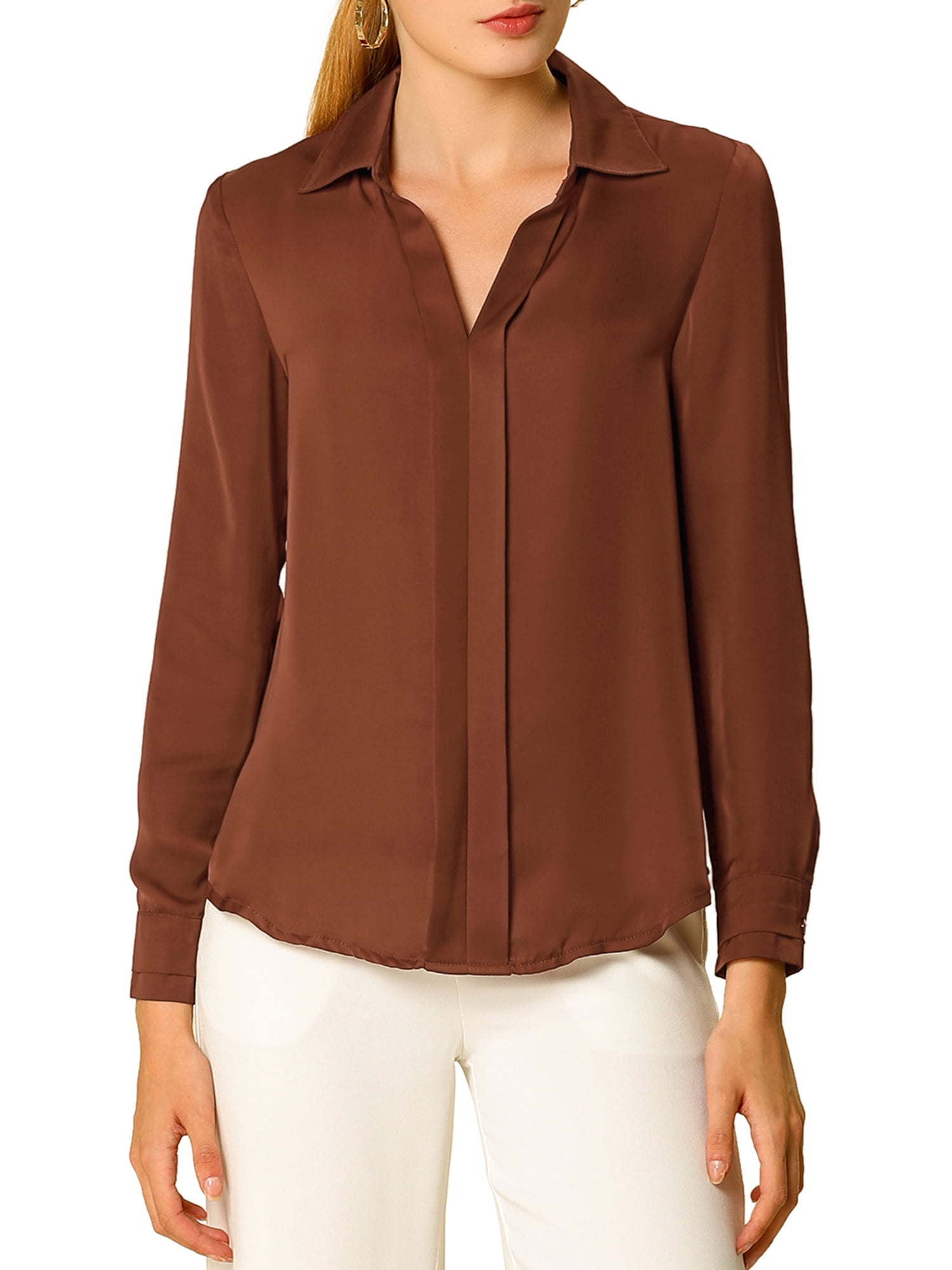 DARING DIVA Women's V Neck Classic Work Office Long Sleeve Shirt S Brown
