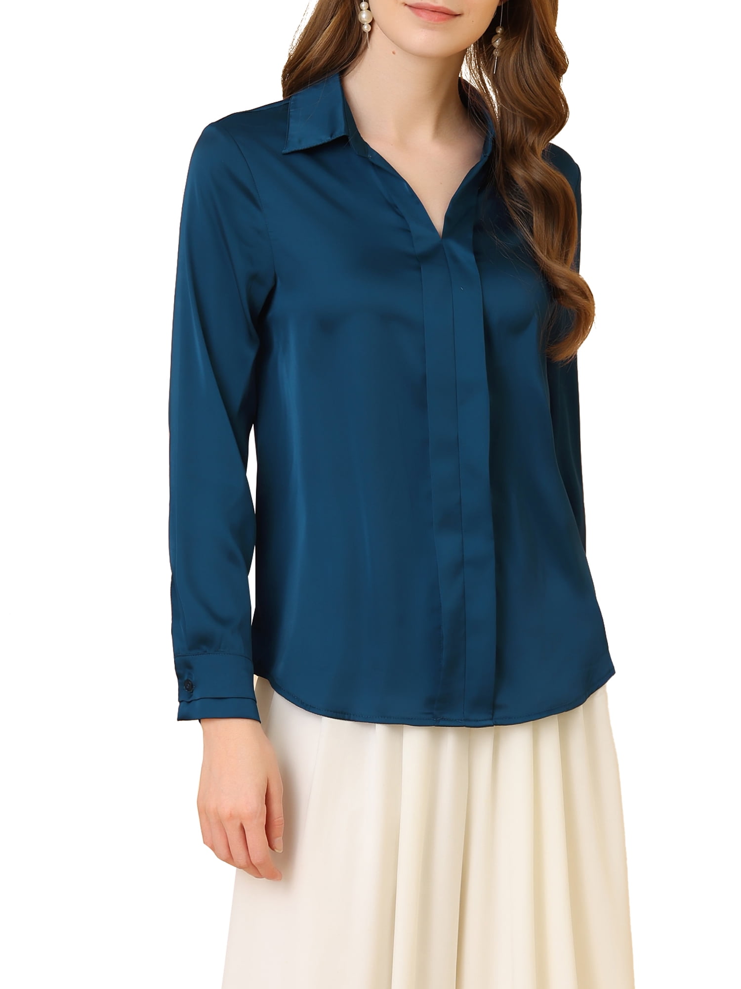 DARING DIVA Women's V Neck Classic Work Office Long Sleeve Shirt S Deep Blue