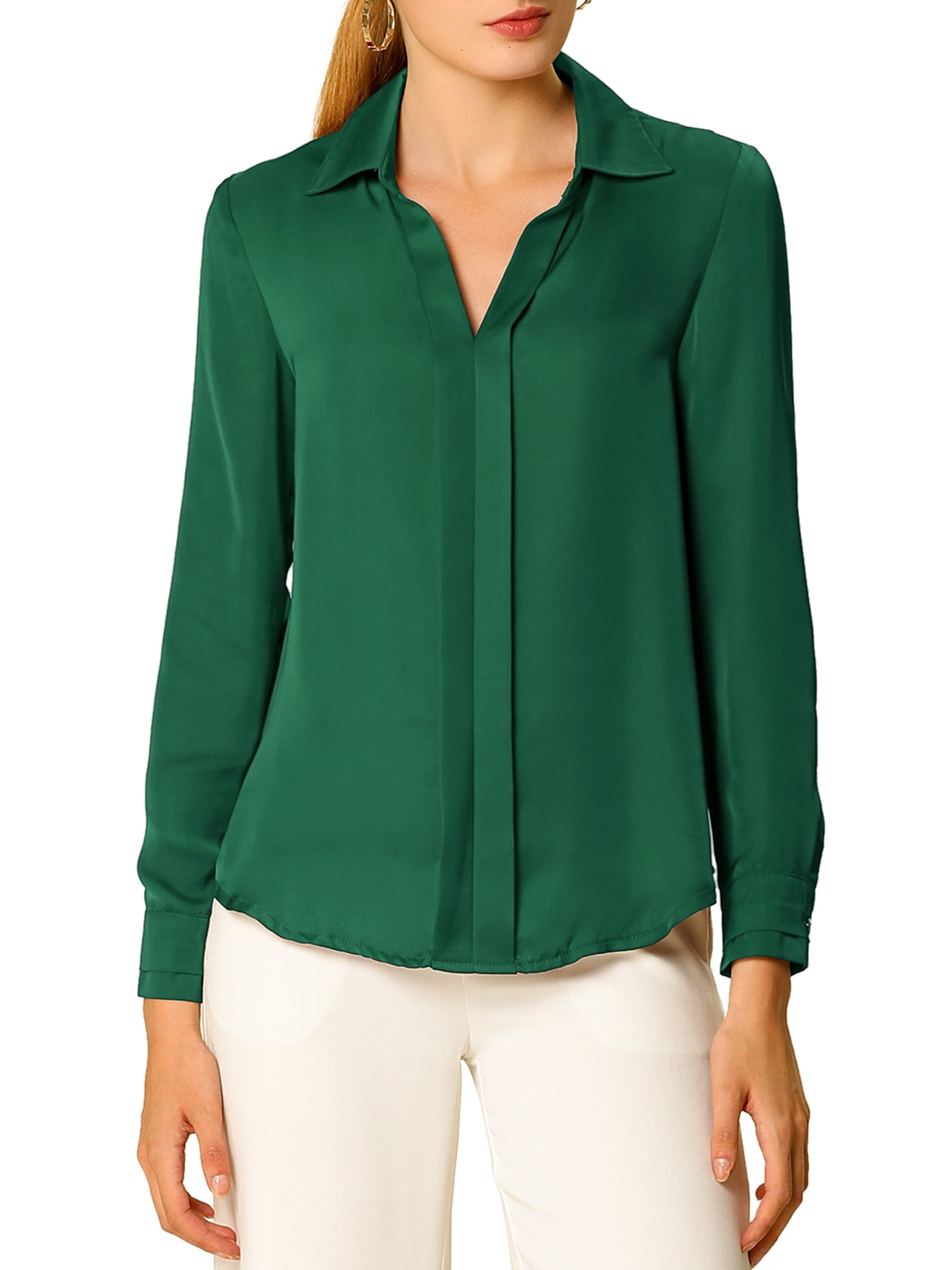 DARING DIVA Women's V Neck Classic Work Office Long Sleeve Shirt S Green