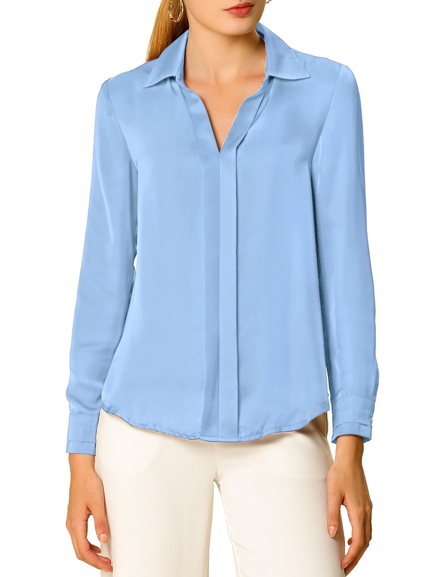 DARING DIVA Women's V Neck Classic Work Office Long Sleeve Shirt S Light Blue
